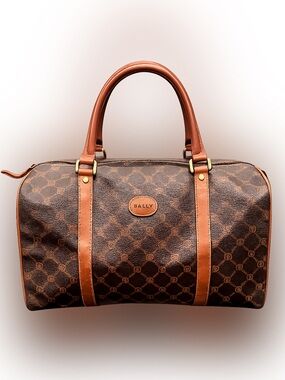 Bally Vintage Monogram Boston Bag Brown Leather Trim Travel Satchel